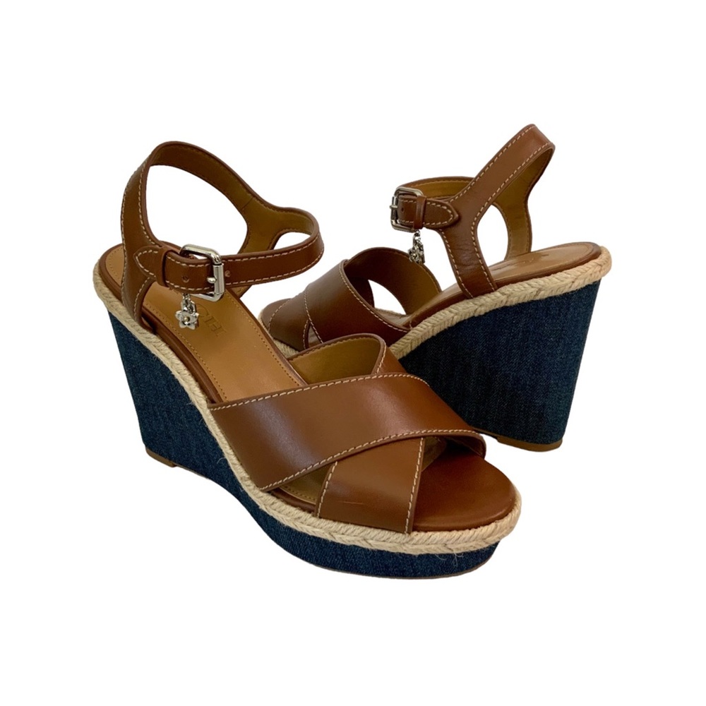 Coach "Eaton" Leather Denim Platform Wedge Sandals | Camel |  Sz 7.5